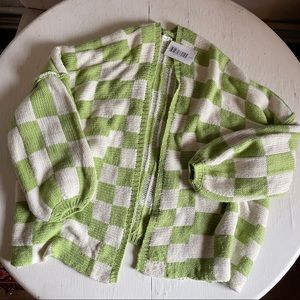 Green Checkered Knit Cardigan